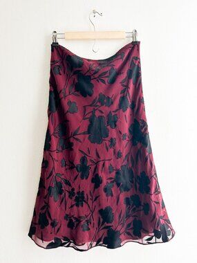 VINTAGE 90s Grunge Y2K The LIMITED Silk Blend Burgundy Burnout Midi Skirt